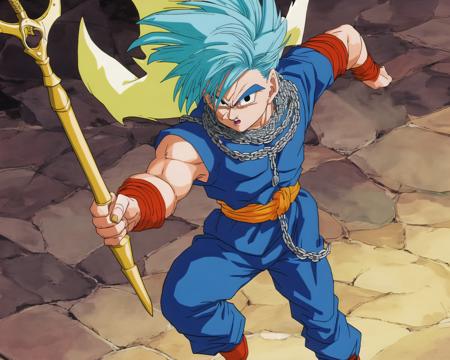 akiratoriyama art style, 1guy, a guy jumping in the air holding a sword by the handle, chainmail, solo, blue hair, make up,