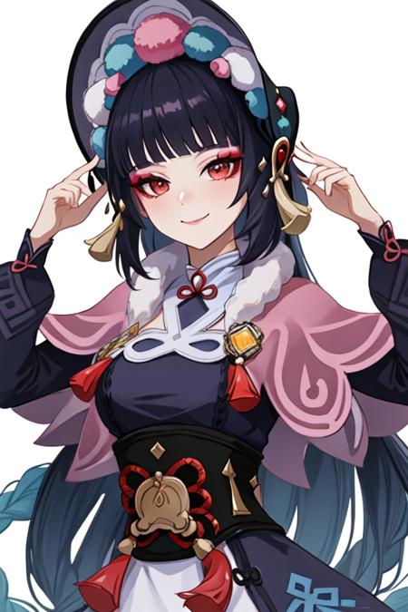 best quality, masterpiece, highres, solo, {yun_jin_genshin:1.15}, bangs, blunt_bangs, long_hair, red_eyes, black_hair, bonnet, smile, capelet, vision_\(genshin_impact\), tassel, pink_capelet, purple_hair, makeup, closed_mouth, 1girl, fur_trim, looking_at_viewer, hat, eyeshadow, portrait, red_eyeshadow