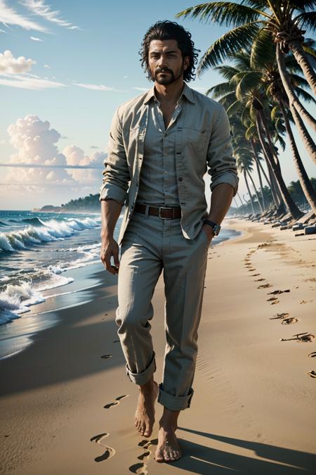 ((ultra detailed, masterpiece, best quality))
 <lora:CyberSaul:0.8>
CyberSaul, 1boy, solo, On a sandy beach with a sophisticated twist, linen suit with an unbuttoned shirt, ocean waves and palm trees, walking barefoot in the sand