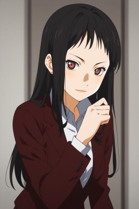 igawa emi, long hair, black hair, bangs, red eyes igawasuit, red jacket, white shirt, collared shirt, red skirt, pencil skirt, black pantyhose, red shoes igawadress, red dress, long dress, long skirt, collarbone, bare sholder, strapless, red shoes