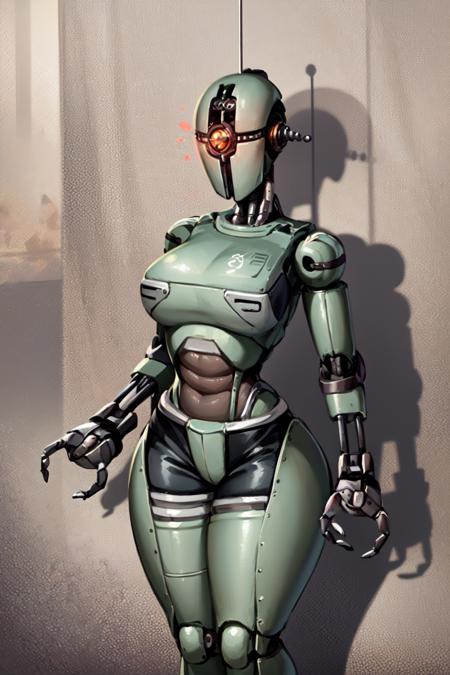 1girl, solo, standing, breasts, looking at viewer, robot, humanoid robot, robot joints, one-eyed, joints, no humans, green skin, wide hips, curvy, mechanical arms,