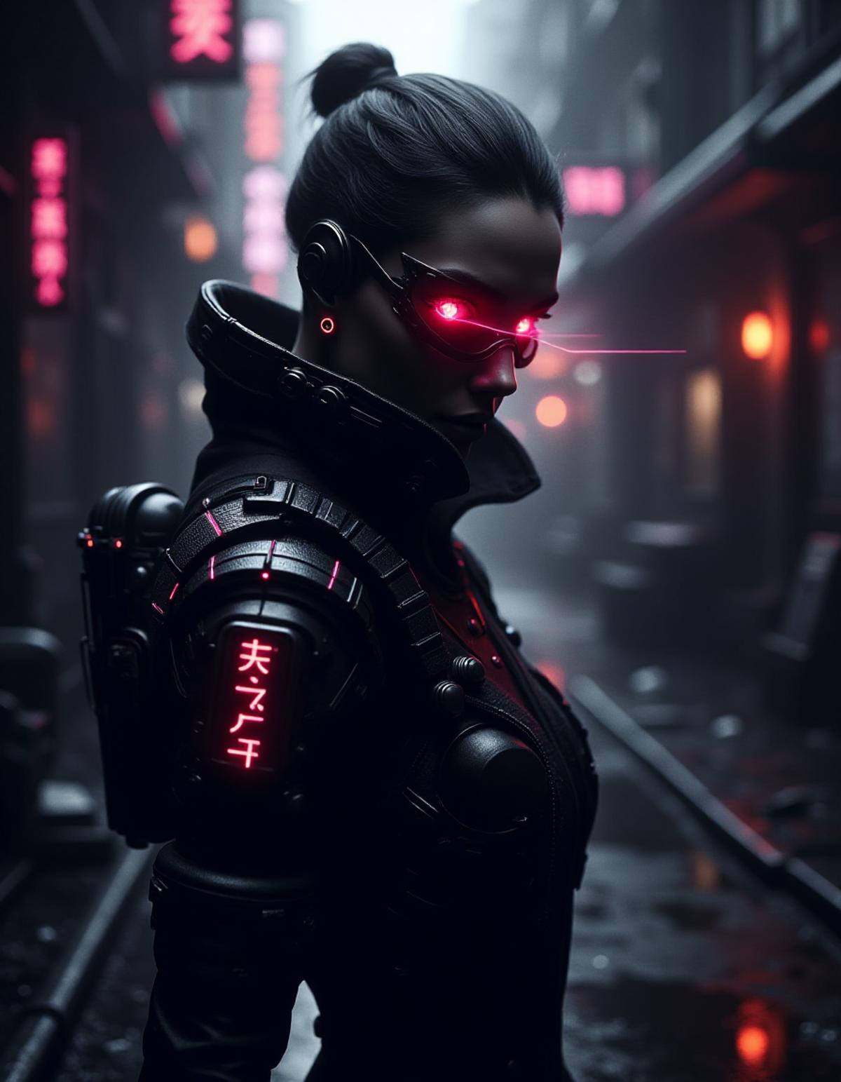 cyberpunk style, stunning female cyber warrior, pitch black intricate nano tech armor, matte black carbon scales, glaring red LED eyes, in a dark alley cluttered with debris, cool neon light form above, looking at viewer, atmospheric perspective,sci-fi, highly detailed,  <lora:Neon_Noir_FLUX:0.75> mad-neon-noir