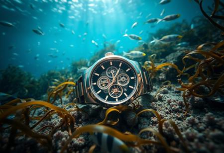 Camera captures a mesmerizing underwater scene: a sleek luxury Tourbillon wristwatch lies on the ocean floor, surrounded by undulating seaweed and schools of iridescent fish. Sunlight filters down, casting an otherworldly glow on the watch's intricate mechanisms and elegant design. Shallow depth of field isolates the timepiece, while high-contrast colors - deep blues and greens - accentuate the sense of depth and realism.