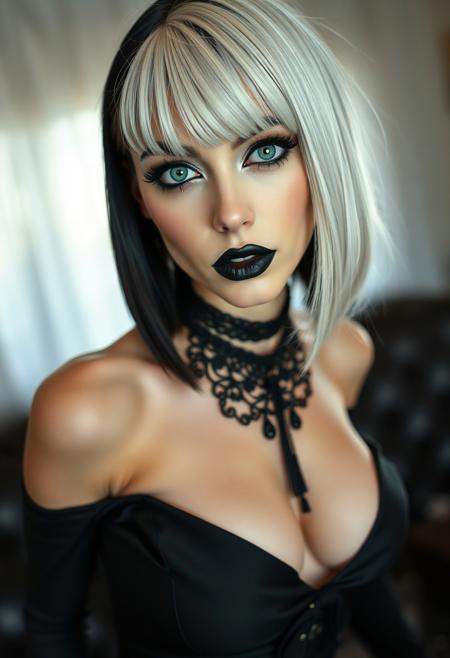 Ultra high quality, very detailed, A gorgeous 30 years old caucasian woman, very pale skin, black hair in lob hairstyle, long black eyelashes, black eyeliner defines her beautiful green eyes, black glittering eyeshadow, luscious black glossy lips, black rouge, pale skin foundation, black goth choker, black sexy dress with cleavage, sexy curves, looking at viewer sensually and assertively, dominant, seductive, Goth living room