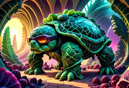 asymmetric, cinematic, movie scene, angled wide shot of a colossal robotic war tortoise wearing sunglasses, in a weird (cabbage) world, psychedelic sci-fi setting, Voronoi architecture, smooth curves, detailed light, cinematic lighting, hard shadows, haze, hazy atmosphere, complex reflections, fractal design, flowing curves, precision, colorful, fractal geometry, harmonic interference, digital illustration, photo manipulation, altered realities, fantastical scenes, digital artistry, striking visuals, sharp focus, detailed background, light reflection, masterpiece, best quality, absurdres, cjdl
