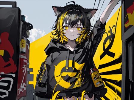 (best quality, masterpiece), (1girl, solo, cat ear black hood, standing, yellow eyes, black hair, leaning, upper body), (less light, black yellow room, Yellow graffiti behind, disorderly spray cans),