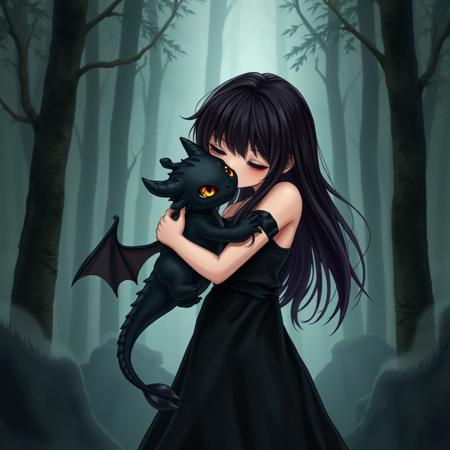 visual novel. The girl hugs and kisses the little black dragon. 1 girl, long hair, black hair, wearing a long, black, shiny dress. 1 dragon, small, black, golden eyes, cute. In the dark forest, the fog is all around. (high quality:1.3). (insane detail:1.3). (beautiful girl:1.4). (detailed eyes:1.25). (detailed lips:1.25). 4k. (full body:1.5)