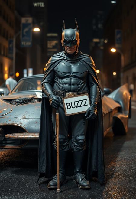 Closeup of old 77 year old Batman in worn out batman bodysuit and ripped worn cape standing using cane in front of his rusted and worn Batmobile holding sign "need BUZZ", night, wet asphalt, Gotham city in background