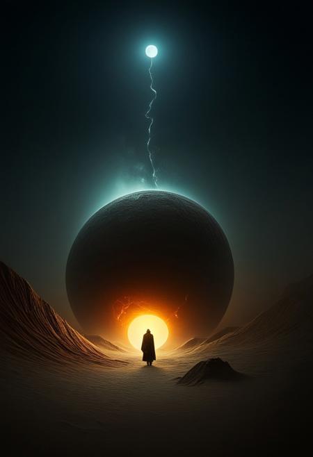 Epic scene, Giant buried in the desert, people watching, shocking, ultra-realistic, art leans heavily towards surrealism, with its dreamlike quality and the blending of reality with the fantastical. The melting face and glowing orb invoke a sense of the uncanny, common in surrealist works, by Beeple and Wojtek Fus and Aeforia, movie poster, extremely detailed, hyper resolution, cinematic lighting