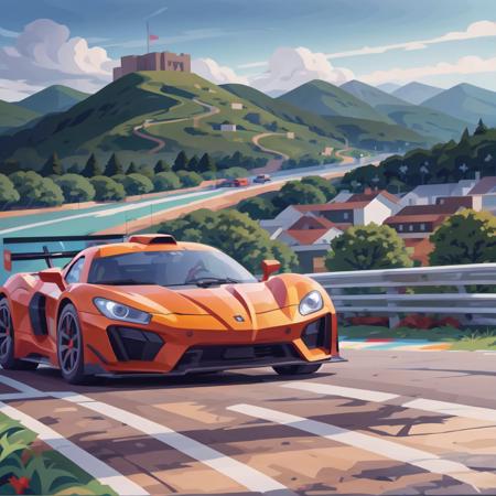 sportscar racing though the mountain, city in background