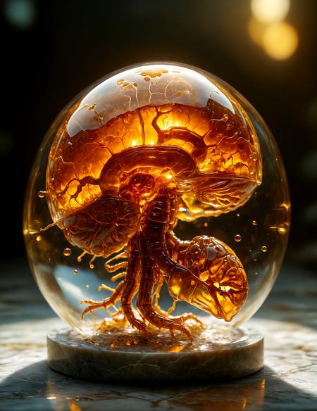 improved cinematic photo, 35mm photograph, film, professional, 4k, highly detailed, An amber fragment enclosing a Human Brain, The amber fragment is a smooth, slightly irregular sphere, roughly the size of a marble, with a warm golden-brown hue. Its surface is polished, gleaming softly under light, revealing a mesmerizing play of golden, honey, and orange tones. Tiny air bubbles and organic inclusions are scattered throughout, lending it a sense of antiquity and natural complexity. Inside, a perfectly preserved Human Brain lies suspended in time, its delicate body encased in the translucent amber. Around the Human Brain, subtle striations and minute organic fragments, possibly plant material or dust, create a vignette that frames the insect. The amberâs clarity varies in places, with some sections slightly cloudy, further accentuating the Human Brain as the focal point. The fragment feels timeless, a tiny time capsule offering a glimpse into a prehistoric world millions of years ago <lora:add-detail-xl:1.0><lora:aidmaMidjourneyV6.1-v0.1:0.9><lora:SDXLFaeTastic2400:0.8>