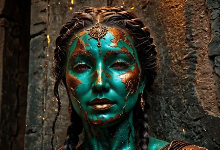 masterpiece, best quality, ultra detailed, close-up portrait, dark fantasy aesthetic, Patina Metal Skin race. The face of La Santa di Ferro, a divine figure of an ancient metallic race. Her skin is a deep oxidized iron red, flecked with dark rust-orange patina that forms intricate, natural filigree patterns across her cheeks and brow, like holy markings etched by time itself. Her eyes glow faintly gold, as if smelted from molten metal, serene yet powerful. Small fissures and delicate cracks run across her face, subtly filled with veins of verdigris green, resembling the natural healing of metal. Her hair is tightly braided steel wires, shimmering under dim light, falling like delicate chains. The background is shadowed stone and faint candlelight, emphasizing her sanctity in a forgotten temple. Mood: sacred, awe-inspiring, an ancient relic made flesh.