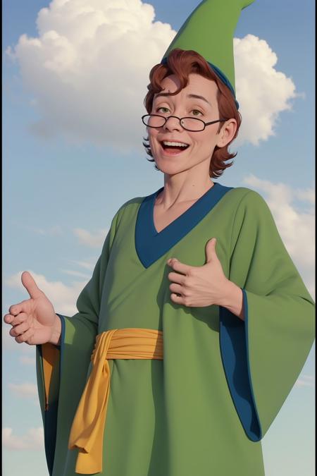 presto <lora:presto_dnd_V1:1>, green hat, cone hat, green robe, dark green chemise, round glasses, yellow sash, blue sky, cloud, day, outdoors, smile, solo, sky background, upper body, absurdres