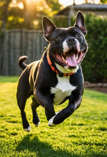Pittbull bulldog, 
mid-tumble over a well-worn football, 
tongue lolling out in a wide grin, 
evening golden light casting elongated shadows, 
playful scene unfolding in a lush, 
green backyard, 
focus on gleeful expression, 
fur texture detailed, 
dynamic motion blur emphasizing playfulness, 
shallow depth of field with bokeh effect in background, 
sun flare, 
digital painting, 
vibrant color palette, 
high resolution.