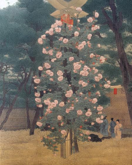 guleugbeob, rlaghdeh, rlaghdeh painting, rlaghdeh style, rose, flowers, tree, park, street light, rose flowers