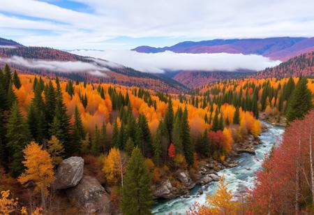 score_9, score_8_up, score_7_up, photo Quality, autumn, scenic setting of a dense forest with beautiful fall colors viewed from a mountain overlook, pockets of fog in the valley below rise above a river that flows through the valley.  The river os fast flowing with a section of rocky rapids