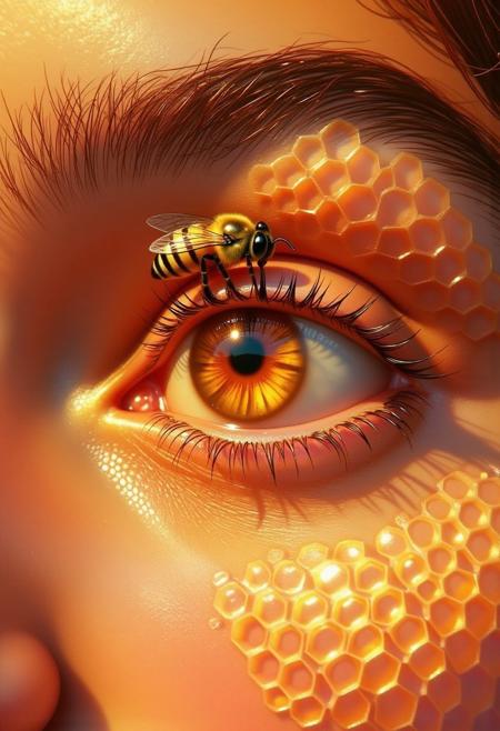 Illustrate a surreal, macroscopic close-up of a human eye, its perfectly formed honeycomb pattern merging with the iris. The hexagonal cells appear to extend inward like a tunnel of light and order, each chamber subtly vibrating with golden light. The pupil rests at the center of this tunnel, a dark portal surrounded by symmetry and structure. 
The skin surrounding the eye is covered in a biomimetic mesh reminiscent of the architecture of a beehive: hexagonal tessellations that extend like scales over the eyelid, eyebrow, and upper cheek, blending seamlessly into the natural skin tones. A bee lands delicately on the lower eyelid, its tiny wings capturing the ambient light, its slender legs brushing the border between the hive eye and human skin as if to deliver a secret. The bee is anatomically realistic, its eyes reflecting the honeycomb pattern that seems to attract it. The eyelashes curve like antennae, slightly iridescent at their tips, creating a unified aesthetic between insect and human. The lighting should be both intense and intimate: reflections on the moist surface of the iris, shadows forming between the honeycomb-like ridges of the skin, and a subtle halo of light in the reflection of the bee's eye. The concept should express the union of nature and consciousness, where the eye becomes the central organ of the hive—a visual metaphor for collective intelligence, ecological awareness, and the silent, powerful intelligence of pollinators within a shared biosphere.
