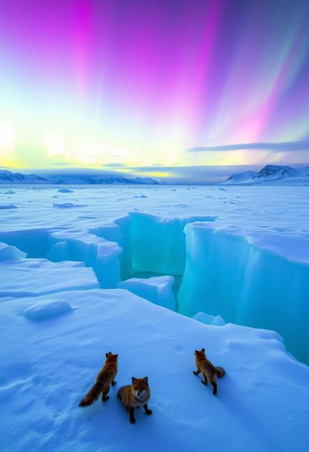 A breathtaking shot on the polar glacier: Panoramic view of the azure icebergs reflecting the vibrant aurora borealis, casting an ethereal glow across the vast snowy expanse. In the distance, wispy trails of green and purple lights dance in the night sky, as a few Arctic foxes stroll leisurely, their fur blending seamlessly with the icy landscape.