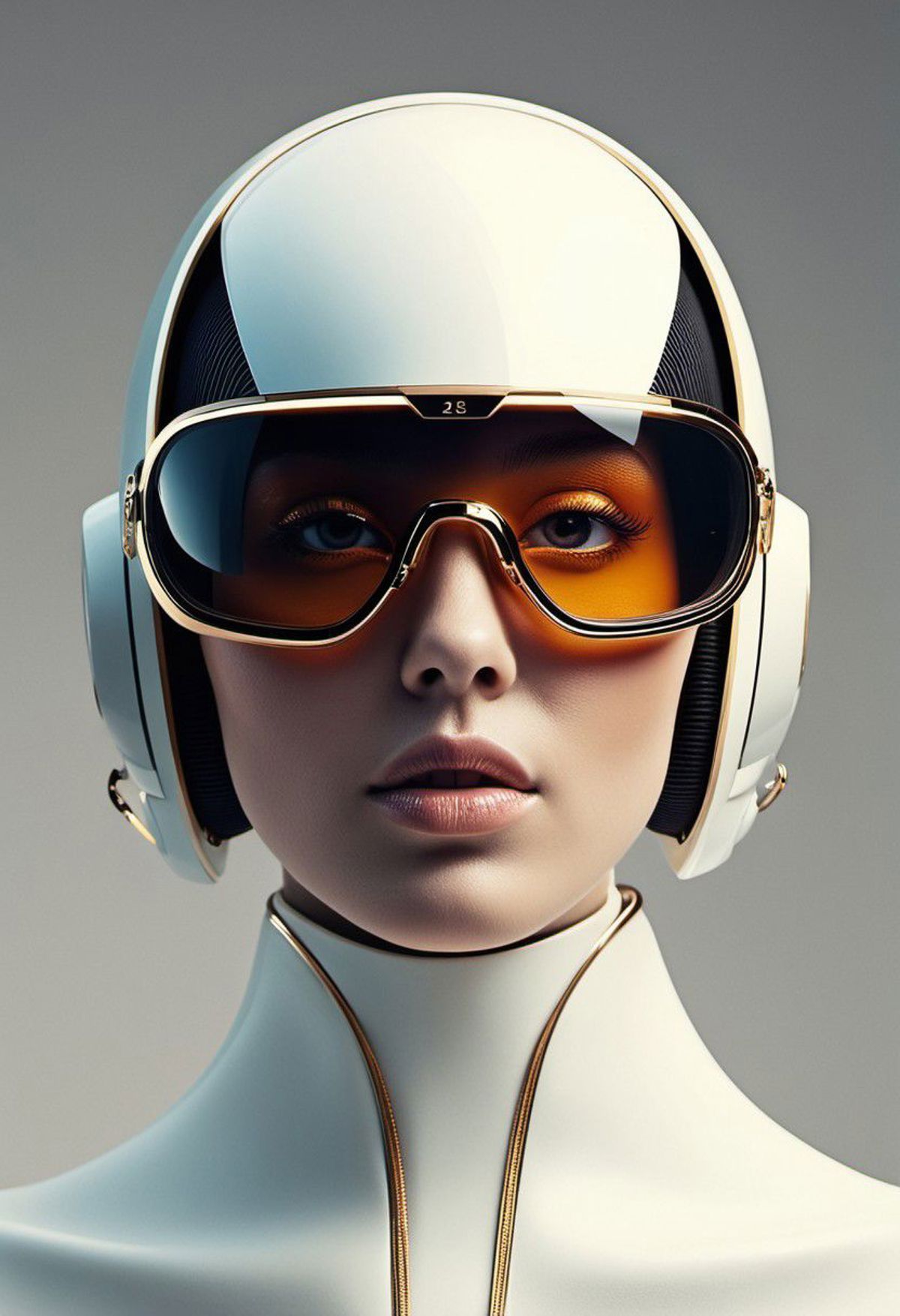 A woman wearing futuristic sunglasses and a white helmet.