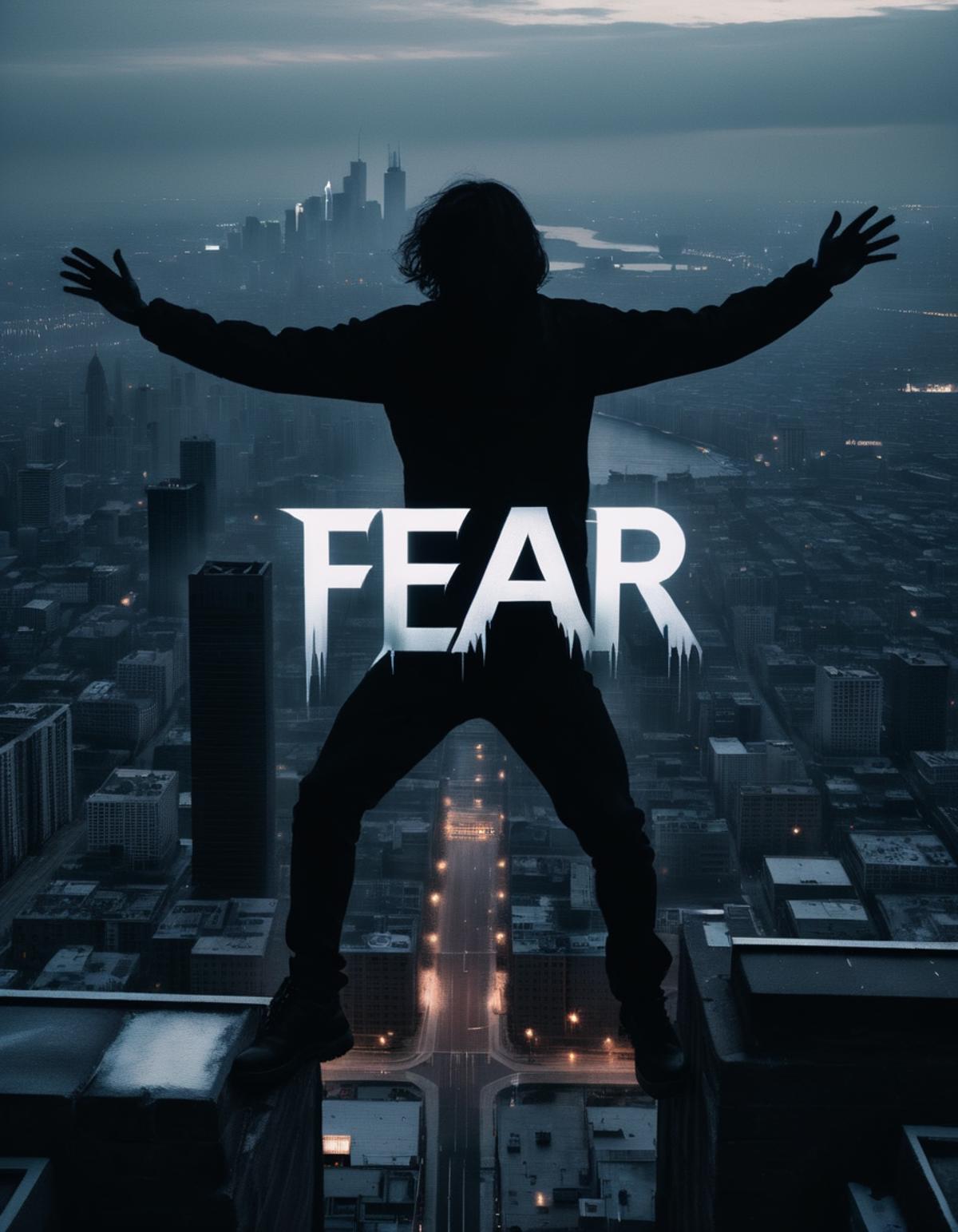 A man standing on the edge of a skyscraper with the word "Fear" written in front of him.