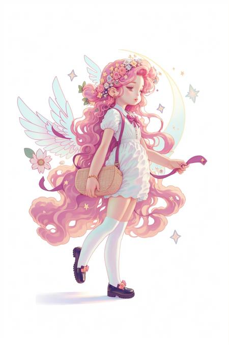 <lora:wedjigamja:1>,1girl, long hair,pink flower, moon,cute, shoes, stars, wings