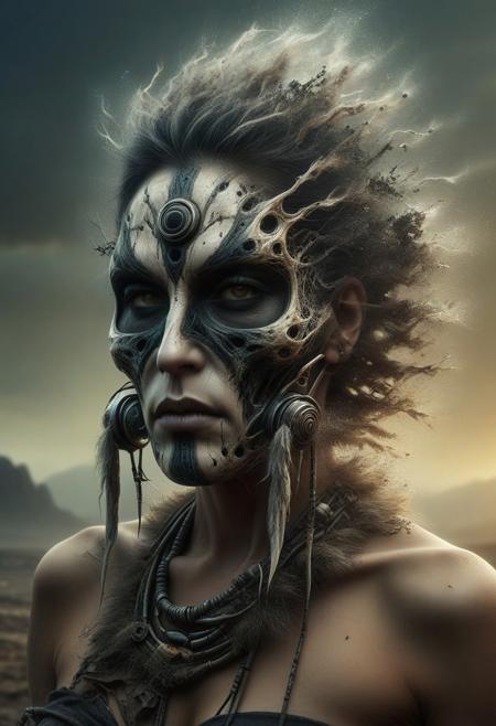 Post apocalyptic shaman  Lisa Ann   , tribal attire, cybernetic mask, wasteland background, surreal visions, connection to nature, dreamlike cyberpunk, dystopian setting, photorealism, detailed character design, ethereal beauty, surreal and captivating, dramatic lighting, tribal and cyberpunk fusion, imaginative and surreal, striking presence, photorealistic character, surreal and dystopian, artistic masterpiece, vivid and detailed, dreamlike and captivating, surreal shaman, connection to nature, surreal and photorealistic, tribal and cybernetic, post apocalyptic visionary, stunning character design, surreal wasteland, detailed and captivating composition, photorealistic shaman art, surreal and enigmatic, surreal and photorealism, tribal and futuristic fusion, captivating and surreal, post apocalyptic character, tribal and cybernetic mask