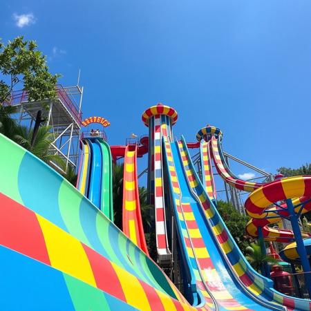 amusement park, giant slides, colorful,
