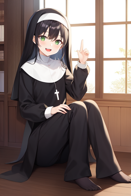 nun, flower, looking at viewer, indoors, :d, black hair, hand up, sitting, green eyes, full body, teeth