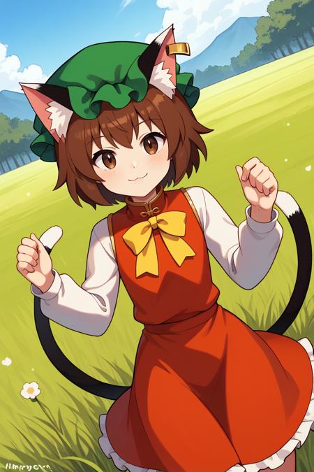 chen brown hair, brown eyes, cat ears, green hat, mob cap, red dress, juliet sleeves, frills, flat chest, two tails