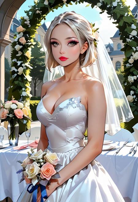 score_9, score_8_up, score_7_up, perfect anatomy,(detailed:1.1), high quality, highly detailed, ultra high resolution, 4k, (masterpiece:1.2), , (highres, best quality:1.2), outdoors, w3dd1ng, tables, bouquets, tablecloth, flower arch 1girl, 18 years old, platinum blonde hair in short bob, straightened hair, makeup, mascara, thick eyelashes, tiny breasts, big breasts, fit, wedding dress, bride,