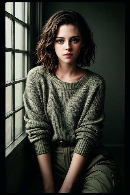 photo of beautiful (krst3w4rt:0.99), a woman in a (movie premiere gala:1.1), perfect short hair, hair upsweep updo, wearing Antique Gray (Oversized Sweater, Cargo Trousers:1.1),  ((polaroid frame:1.1)), ((Art Academia:1.1)), modelshoot style, (extremely detailed CG unity 8k wallpaper), professional majestic (photography by  joel meyerowitz:1.1), (Pentax K1000 Camera), 24mm, exposure blend, hdr, faded, extremely intricate, High (Detail:1.1), Sharp focus, dramatic, soft cinematic light, (looking at viewer), (detailed pupils), (upper body), 4k textures, adobe lightroom, photolab, elegant, ((((cinematic look)))), soothing tones, insane details, hyperdetailed, low contrast