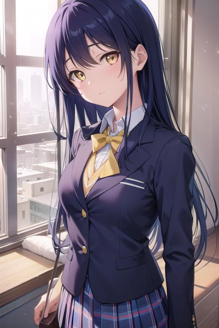 umisonoda, <lora:umisonoda-lora-nochekaiser:1>, 
umi sonoda, long hair, blue hair, (yellow eyes:1.5) (flat chest:1.2),
BREAK blazer, blue skirt, jacket, otonokizaka school uniform, pleated skirt, school uniform, winter uniform,
BREAK looking at viewer,
BREAK indoors, classroom, 
BREAK <lyco:GoodHands-beta2:1>, (masterpiece:1.2), best quality, high resolution, unity 8k wallpaper, (illustration:0.8), (beautiful detailed eyes:1.6), extremely detailed face, perfect lighting, extremely detailed CG, (perfect hands, perfect anatomy),