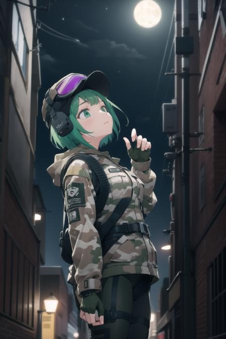 ela ela, jacket, leggings, latex legwear, fingerless gloves, military uniform, camouflage, baseball cap, goggles on headwear