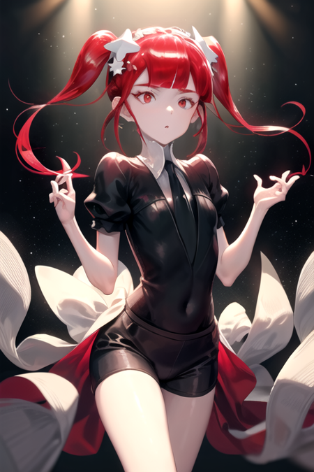 RedBeryl, solo, long hair, white shirt, hair ornament, red eyes, twintails, short sleeves, red hair, black necktie, black shorts, puffy sleeves, star (symbol), 1other, gem uniform (houseki no kuni), crystal hair, 