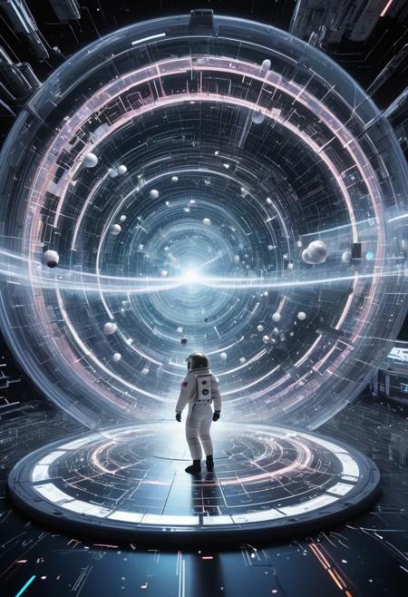 circular space station interior filled with floating holographic memory spheres, each playing a fragmented scene, astronaut reaching for one, surrounded by a swirl of semi-transparent data glyphs and ghostly light trails