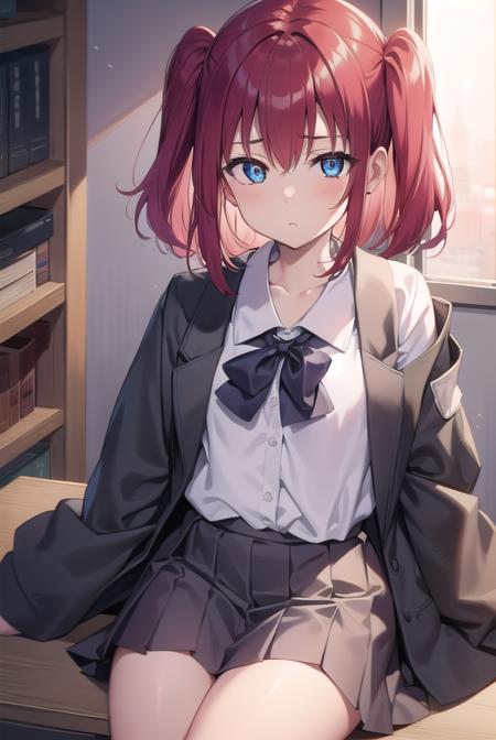 rubykurosawa, <lyco:rubykurosawa-lyco-nochekaiser:1>, 
ruby kurosawa, aqua eyes, medium hair, red hair, two side up, twintails, (flat chest:1.2), 
BREAK black socks, bow, bowtie, brown footwear, buttons, grey sailor collar, grey skirt, loafers, long sleeves, miniskirt, pleated skirt, sailor collar, school uniform, serafuku, shirt, shoes, skirt, uranohoshi school uniform, white shirt, winter uniform, yellow bow, yellow bowtie,
BREAK looking at viewer, 
BREAK indoors, classroom, 
BREAK <lyco:GoodHands-beta2:1>, (masterpiece:1.2), best quality, high resolution, unity 8k wallpaper, (illustration:0.8), (beautiful detailed eyes:1.6), extremely detailed face, perfect lighting, extremely detailed CG, (perfect hands, perfect anatomy),