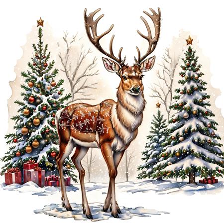 RagingReindeerSplash, solo, standing, full body, tree, no humans, christmas, snow, snowing, antlers, animal focus, christmas tree, deer, reindeer, watercolor,  ink splash,