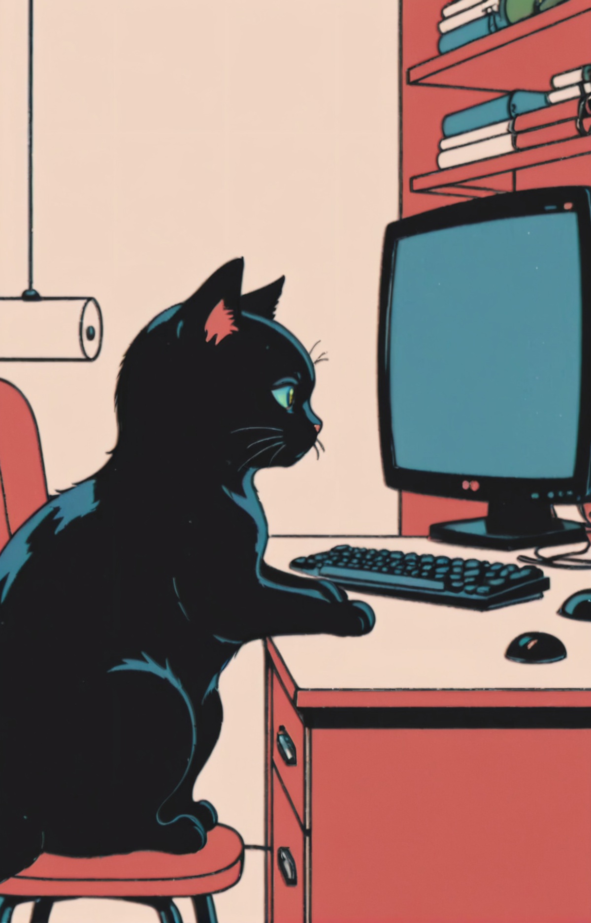 A black cat sitting at a desk in front of a computer, with a keyboard and mouse.