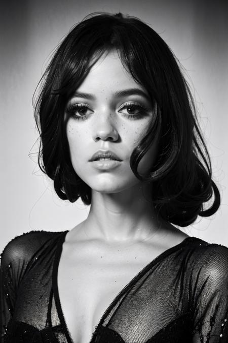 Fine art photography surreal. Surrealistic Portrait of a woman. Weird Peculiar. Helmut Newton photography style, Curly Spanish girl with big lips portrait, at 90mm lens at f0.95 bw, style raw, (intricate details, hyperdetailed:1.15) (skin texture:1.2)  <lora:Jenna_Ortega_640x960:0.85>