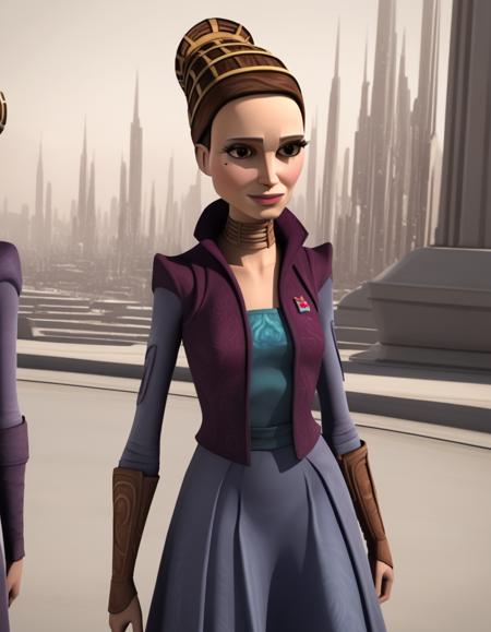 <lora:clonewars-padme-amidala-s3-ponyxl-lora-nochekaiser:1>, padme amidala, brown hair, brown eyes, realistic, mole, mole under eye, long hair, lips, 3d, low-tied ponytail, braided ponytail, gloves, shirt, brown shirt, long sleeves, belt, pants, vest, pink vest, brown pants, open vest, skirt, long sleeves, jacket, hair bun, single hair bun, long skirt, purple jacket, dress, tiara, green dress, collarbone, breast, skirt, long skirt, green skirt, earrings, hair horns,