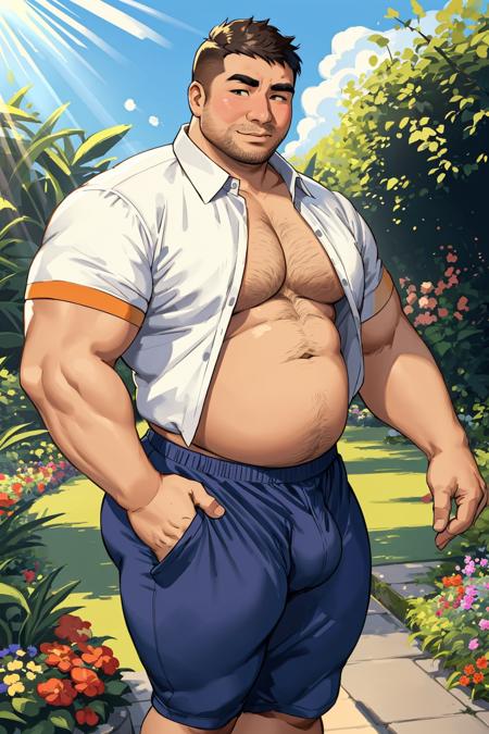 male focus, solo, 1boy, 1950s, bara, (chubby asian man wearing unbuttoned shirt and speedo), bulge,sun rays, (garden background)