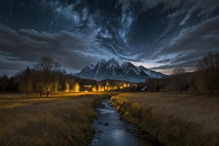 landscape, natural lighting, soft lighting, sunlight, HDR (High Dynamic Range), Adolph Menzel, Maximum Clarity And Sharpness, Multi-Layered Textures,nightsky background,