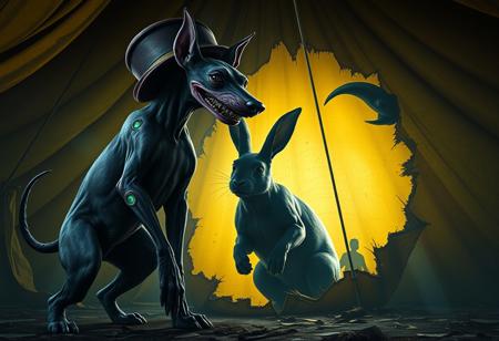 A highly detailed, photorealistic depiction of a bizarre, genetically mutated creature resembling Siamese twin dogs. The creatures have skinny, flesh-bound bodies with patchy, dull fur resembling a Dobermann, with an oversized tail, grotesquely large ears, and unnaturally short legs. One of them is grinning with wide, distorted eyes, its fur now an eerie blend of dark purple and gray. It wears a once-elegant, now weathered Italian hat. Biotech implants pulse with a sickly green glow, blending with swollen, cancerous carcinomas protruding from their flesh. They battle a large, shadowy rabbit, hiding in a hole within the torn, grimy fabric of a giant yellow circus tent.
The scene is drenched in creepy, low light, casting long, distorted shadows and bathing everything in a haunting, cold blue and sickly yellow hue. The circus is filled with flickering, broken carnival lights, creating an unsettling, nightmarish atmosphere. Hovering above the scene is a tattered, high-tech cardboard sign labeled ‘BUZZ 4 DNA,’ glowing with ominous, toxic neon colors. The entire setting feels unsettling and surreal, with a sinister edge.