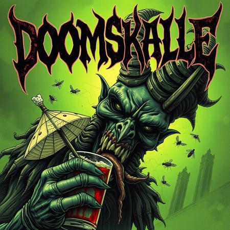 Grotesque, chaotic Stoner Doom metal album cover featuring a illegible death metal logo in the top spelling DOOMSKALLE, directly under it a eerie closeup of Baphomet's face, inspired by the dark, cartoonish style of Derek Riggs and the eerie, supernatural atmosphere of Zdzisław Beksiński. Baphomet's drooling face is contorted in a mixture of ecstasy and admiration as he cradles a delicious umbrella drink attracting disgusting flies. The green color scheme is reminiscent of decay and rot, with death metal vibes and a hint of grime and filth, evoking the style of brutal, old-school death metal album covers, similar to those created by artist Chris Reifert, with a dash of the dark, unsettling aesthetic of Ed Repka, color overlay, green glow, ghastly and frightening, low contrast