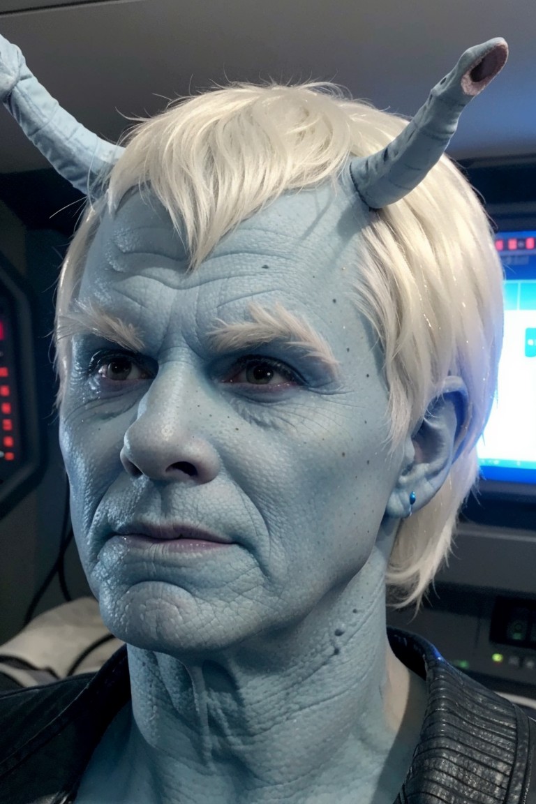 headshot of andorian man, white hair, white eyebrows, blue skin, antennae, shirt, scifi starship interior,  <lora:race_st_...