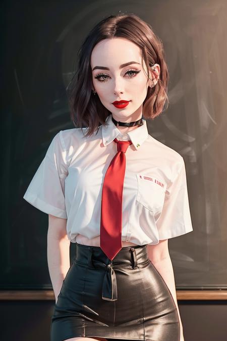 photo of forestnymph:0.99, a woman, ((short hair):1.2), ((cowboy shot, waist, hips, thighs)), ((classroom, chalkboard):1.3),((red lipstick, eyeliner, eye shadow):1.2), ((white shirt, necktie, skirt)), perfect hourglass figure, ((best quality, masterpiece, extreme details):1.2), ((beautiful eyes, detailed eyes, detailed face, beautiful face):1.2)