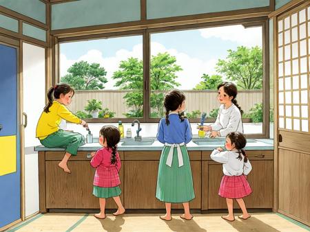 HEZI, children's illustration, childhood scenes, childlike innocence, retro illustration, multiple girls, 2girls, drinking, braid, drinking straw, brown hair, apron, twin braids, window, child, skirt, ponytail, kitchen, sink, counter, table, indoors, smile, female child, long hair, shirt, mother and daughter, blush, cup, refrigerator, standing, green skirt, traditional media, long sleeves, yellow shirt, looking at viewer, twintails, holding, food, looking at another, cooking, faucet, bangs, brown eyes, television, stove, eating, hair tie, from behind, drink, siblings, black eyes, drinking glass, yellow apron, motherly, signature<lora:å¦æå¯ä»¥ï¼è¯·ææçå¨ç«¥å¹´é-000014:0.65>