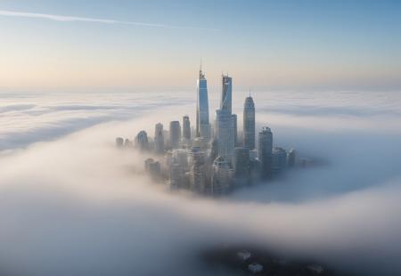 A vast glistening city in the clouds, blue sky, mist and fog surrounding white ivory and gold high-rise buildings