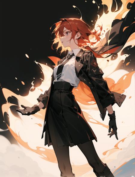 an extremely delicate and beautiful girl, 8k wallpaper, masterpiece,Cinematic Lighting, best quality,Illustration,detailed face depiction,(Contre-Jour:1.2),(dark:1.2)),1girl,fire,skirt,black skirt,gloves,shirt,white shirt,jacket,black jacket,necktie,feet out of frame,solo,open clothes,,high-waist skirt,standing,red hair,red gloves,boots,open jacket,black background, simple background,