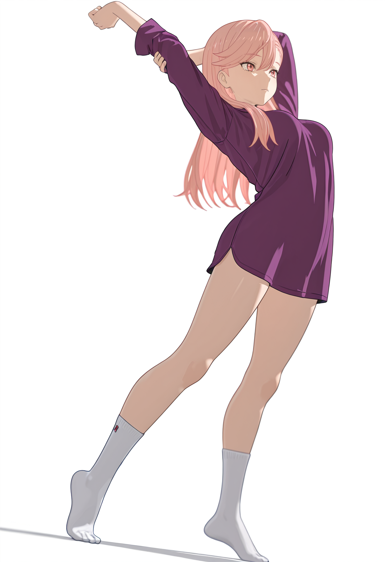 A young woman with pink eyes, long pink hair, and a strained expression standing on her toes and leaning back in a full-body stretch, with both arms raised above and behind her head. She is wearing a loose-fitting, long-sleeved purple shirt and white crew-length socks. 